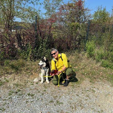 Ein Mann in einem gelben Jacke kniet neben einem sibirischen Husky auf einem Kiesweg, hält ein rotes Objekt in der Hand, mit einem Zaun und Grünpflanzen im Hintergrund.