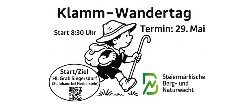 Eine Illustration eines Wanderers mit Stock. Ziel: Siegersdorf bei Herberstein. Startzeit: 8:30 Uhr. QR-Code unten.