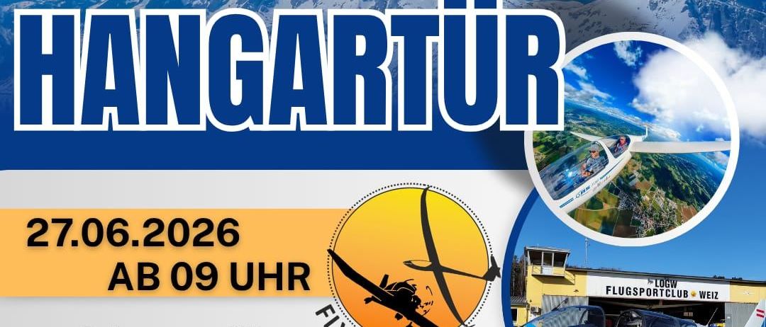 Tag der offenen Hangartür am 27.06.2026 ab 9 Uhr. Angeboten werden Gleitschirmflüge, ein Segelflugsimulator, Hangarführung und Segelflugschule. Essen und Live-Musik in Hufburg.