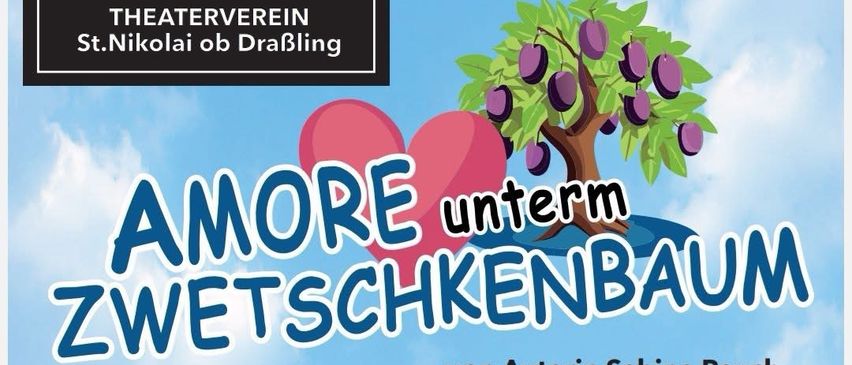 Poster for Amore unterm Zwetschkenbaun event by author Sabine Rauch. Dates and times of the event are listed.