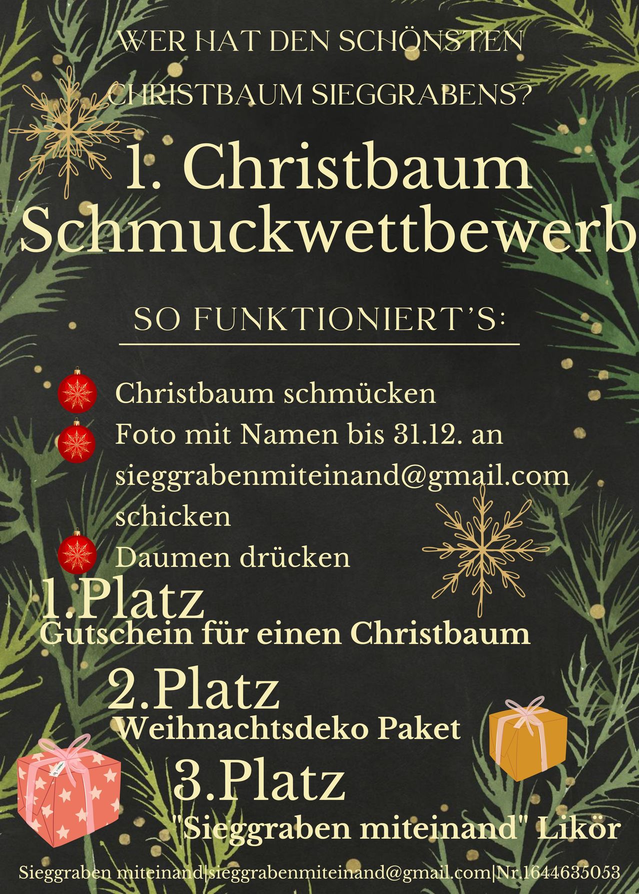 Ein Wettbewerb zum Dekorieren eines Weihnachtsbaums wird angekündigt. Teilnehmer sollen einen Weihnachtsbaum dekorieren, ein Foto machen und es bis zum 31. Dezember an eine angegebene E-Mail-Adresse senden. Der erste Platz gewinnt einen Weihnachtsbaum und der zweite Platz ein Weihnachtsdekorationspaket.
