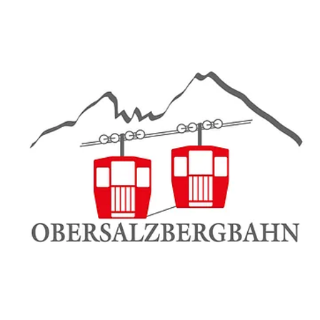 Ein Logo für Obersalzbergbahn zeigt zwei rote Seilbahnwagen, die durch ein Kabel über einem Bergsilhouetten verbunden sind.