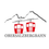 Obersalzbergbahn GmbH-Logo. Ein Logo für Obersalzbergbahn zeigt zwei rote Seilbahnwagen, die durch ein Kabel über einem Bergsilhouetten verbunden sind.