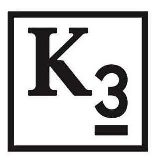 Das Bild zeigt das Symbol für Kalium, K3, mit einem fetten schwarzen 'K' und einem kleineren schwarzen '3' darunter, alles in einem quadratischen Rahmen.