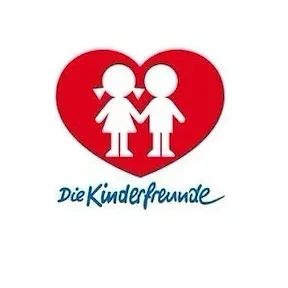 Ein rotes Herzlogo mit zwei Kindern, die Händchen halten, mit dem Titel 'Die Kinderfreunde'.