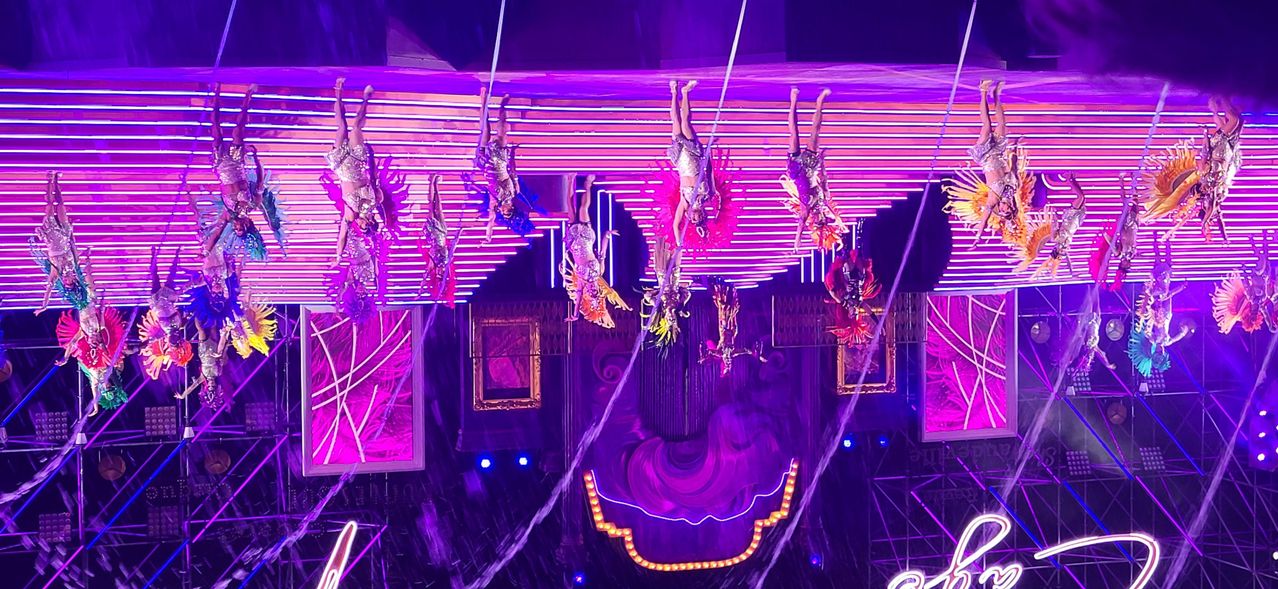 A group of acrobats perform a synchronized aerial routine on a stage with purple lighting and decorative elements.