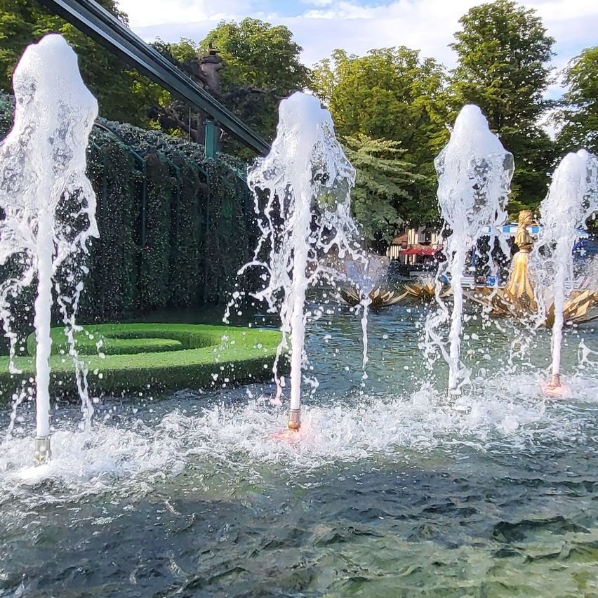 Ein Springbrunnen mit mehreren Wasserstrahlen, die Wasser in die Luft sprühen, umgeben von einer grünen Hecke und Bäumen im Hintergrund.