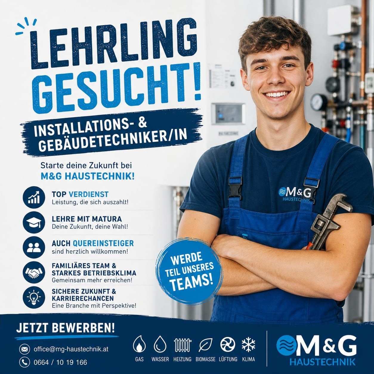 Ein Plakat zur Rekrutierung von Auszubildenden im Bereich Installations- und Gebäudetechnik. Ein lächelnder Mann in blauer Arbeitskleidung steht vor einem Hintergrund aus Rohren und Messgeräten. Das Plakat hebt Vorteile wie Spitzenverdienst, Lernen mit Abschluss und ein freundliches Team hervor. Es werden auch Möglichkeiten für Quereinsteiger und eine sichere Zukunft genannt. Kontaktinformationen sind unten angegeben.