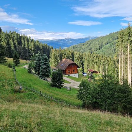 Eine kleine Blockhütte umgeben von grünen Bäumen und Gras. Ein Auto steht vor der Hütte. In der Ferne gibt es Berge.