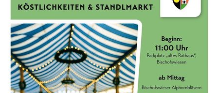 Plakat für die Weinfest-Veranstaltung am Samstag, 8. August 2026, mit Weinmarkt, verschiedenen Köstlichkeiten und einem Wahrzeichen. Die Veranstaltung beginnt um 11:00 Uhr am 'Altes Rathaus' in Bischofswiesen. Musikalische Unterhaltung umfasst die Bischofswiesen Alphornspieler und die Jugendgruppe des GTEV D'Watzmaenner. Die Veranstaltung endet um 19:00 Uhr.
