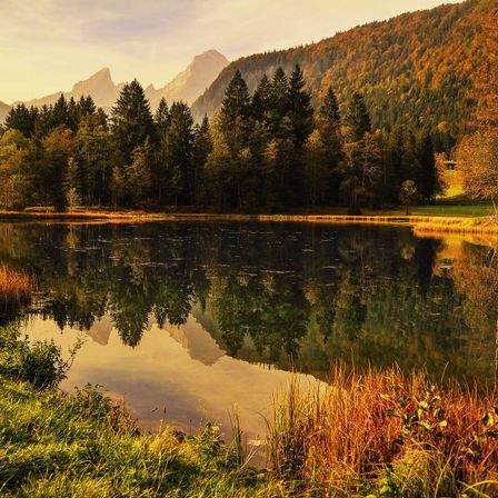 Ein ruhiger See spiegelt die herbstlichen Berge und den Wald wider. Das Wasser ist ruhig und spiegelt die Bäume und Berge wider. Der Himmel ist klar, mit einem Hauch von Sonnenuntergangsglühen.