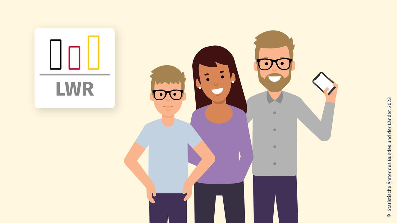 Eine Illustration zeigt eine lächelnde Familie aus drei Personen. Ein Mann und eine Frau stehen neben einem jungen Jungen.