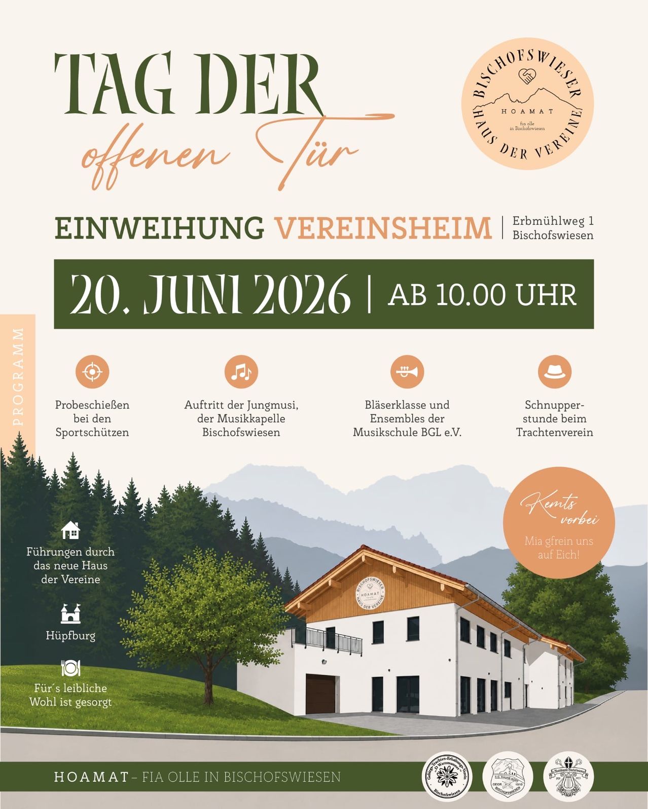 Einladung zur Eröffnung des neuen Vereinsheims am 20. Juni 2026 um 10:00 Uhr. Mit Schießstand, Musikensembles, Blasorchestern und Pferdekutschenfahrten. Geführte Touren verfügbar.