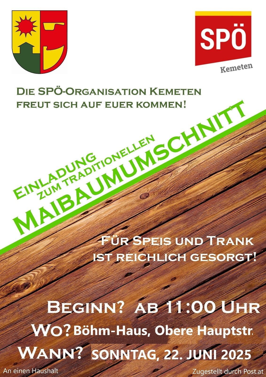 Plakat für die traditionelle Maibaumschinitt. Die Spo-Organisation Kemet lädt Sie ein. Speisen und Getränke werden bereitgestellt. Beginn um 11:00 Uhr.
