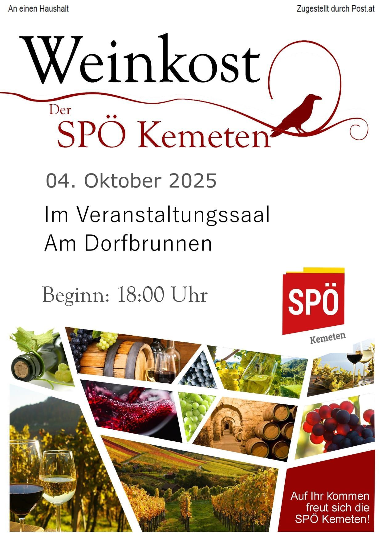 Plakat zur Werbung für die Veranstaltung SPO Kemeten am 4. Oktober 2025. Die Veranstaltung beginnt um 18:00 Uhr und findet im Veranstaltungssaal Dorfbrunnen statt. Verschiedene Bilder von Wein und Weinbergen werden angezeigt.