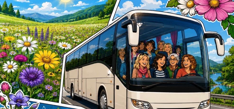Eine illustrierte Szene eines Busses voller fröhlicher Frauen, der durch ein Feld bunter Blumen unter einem sonnigen Himmel fährt.
