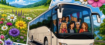 Eine illustrierte Szene eines Busses voller fröhlicher Frauen, der durch ein Feld bunter Blumen unter einem sonnigen Himmel fährt.