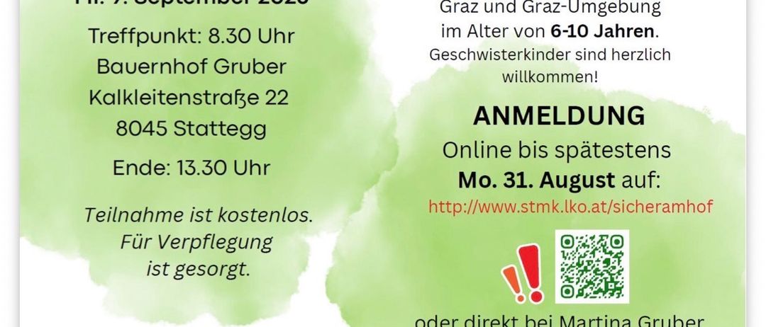 Plakat für einen Kindersicherheitstag am 9. September 2026 auf dem Gruber Bauernhof. Aktivitäten umfassen Traktorfahrten, Sicherheit im Wald und einen Sicherheitsfilm. Anmeldung erforderlich.