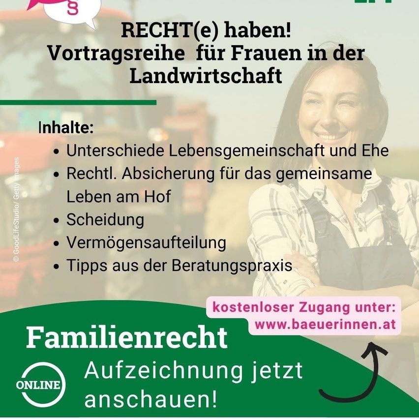 Ein Werbeplakat für Rechtsseminare für Frauen in der Landwirtschaft mit einer Frau in einem karierten Hemd. Themen sind Familienrecht, Vermögensaufteilung und Scheidung. Kostenloser Zugang verfügbar.