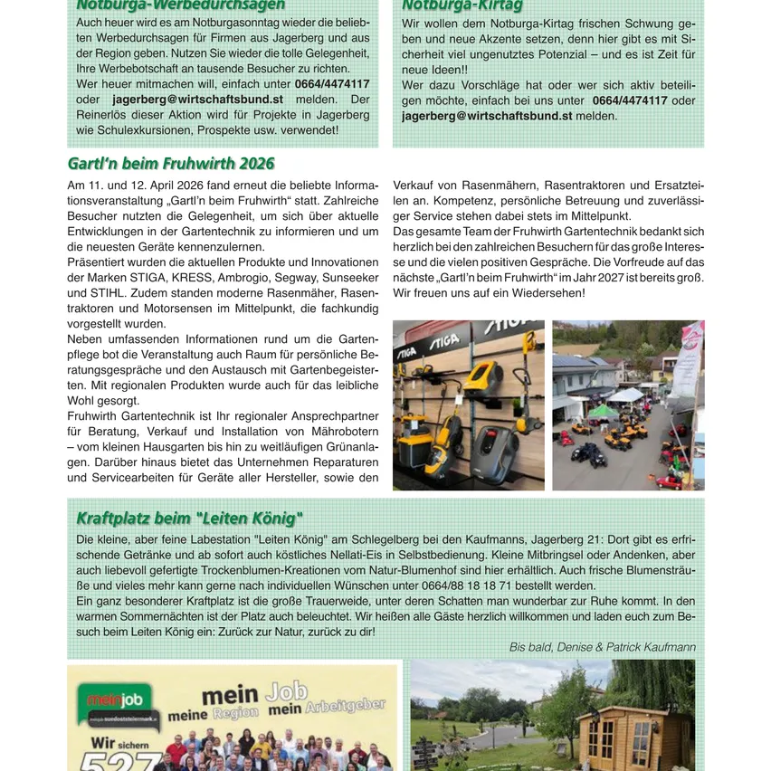 Ein Dokument mit den Abschnitten 'Notburga-Werbung' und 'Kraftplatz beim 'Leiter König'. Ersteres behandelt bevorstehende Veranstaltungen und Gartenprodukte, während letzteres einen kleinen, feinen Rastplatz namens 'Leiter König' an einem malerischen Ort beschreibt.