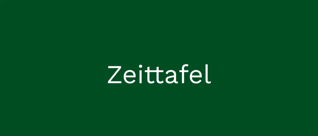 Ein dunkelgrüner Hintergrund mit dem Wort 'Zeittafel' in weißer Schrift zentriert.