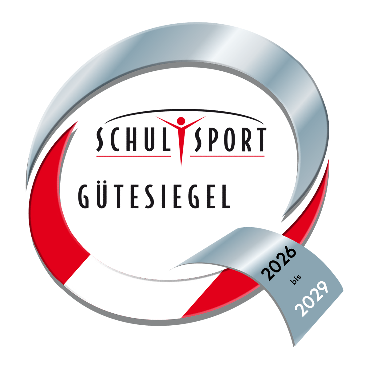 Logo für das Schulsport Gutesiegel, das die Jahre 2026 bis 2029 zeigt. Es hat ein silbernes Metallicband und einen roten und weißen Hintergrund.