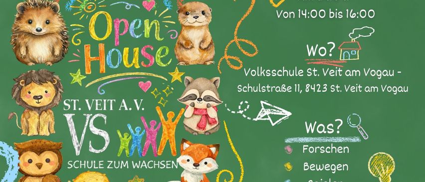 Open House bei der St. Veit A.V. Schule, 24. April, von 14:00 bis 16:00. Lernen Sie Forschung, Bewegung, Spiel und Entdeckung an der Schulstrasse 11, 8423 St. Veit kennen.