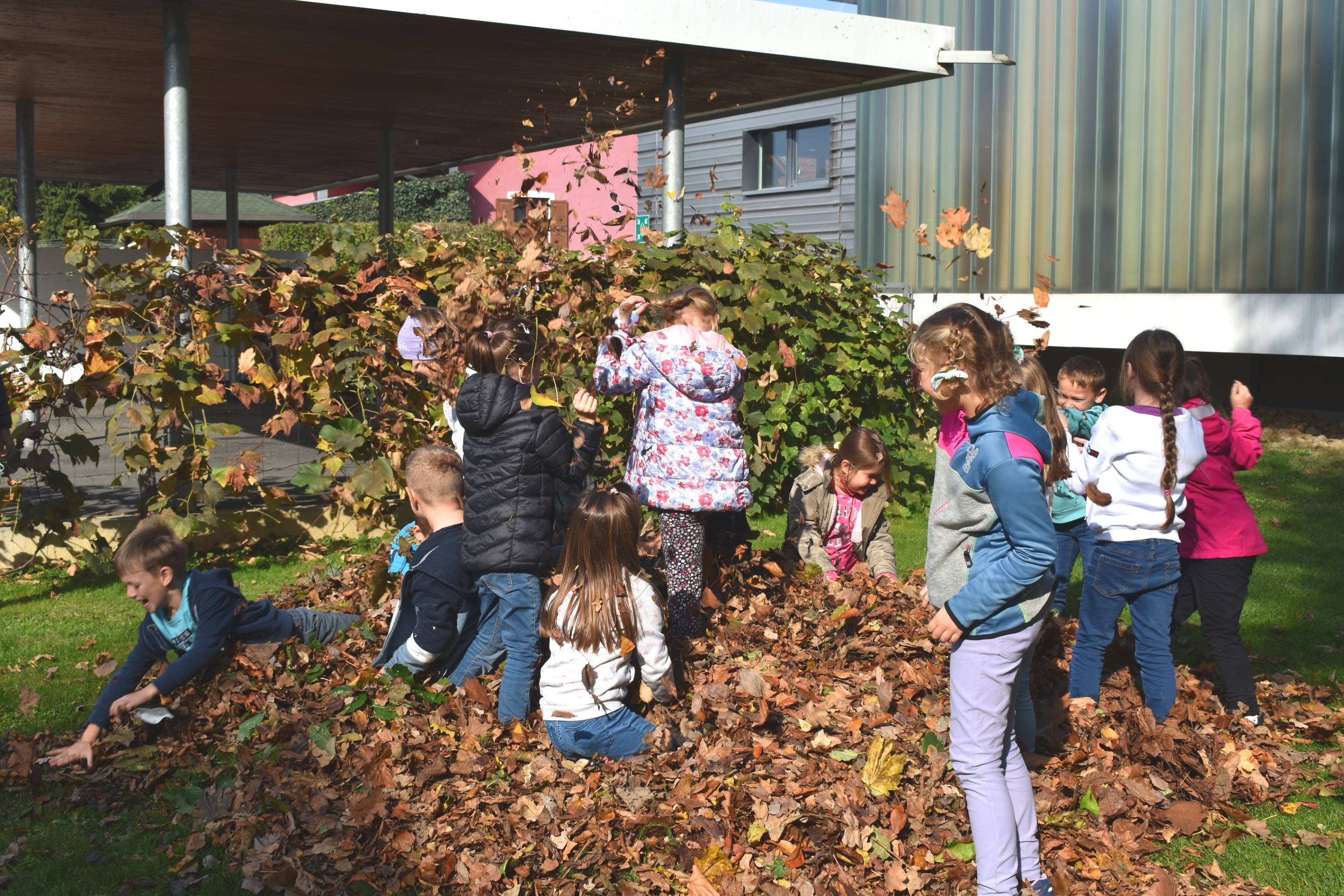 Eine Gruppe von Kindern spielt in einem Haufen Herbstlaub in einem Garten mit einem modernen Gebäude im Hintergrund.