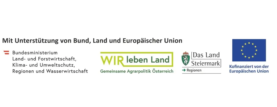 Bild mit Logos von 'WIR leben Land', 'Das Land Steiermark' und 'Regionen', mit Text zu Umweltschutz und Landwirtschaft.