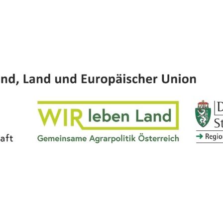 Bild mit Logos von 'WIR leben Land', 'Das Land Steiermark' und 'Regionen', mit Text zu Umweltschutz und Landwirtschaft.