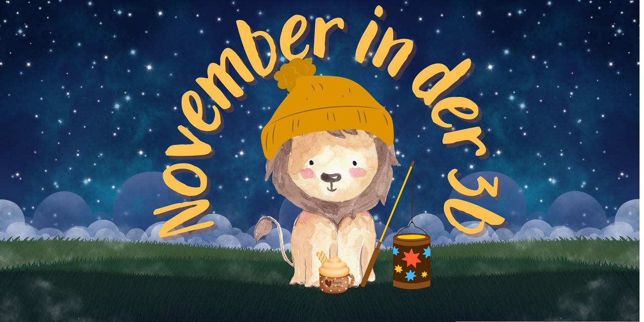 Eine Illustration eines Löwen mit gelber Mütze, der auf Gras mit einer Tasse und einer Laterne sitzt. Die Worte November in der ew sind darüber geschrieben.