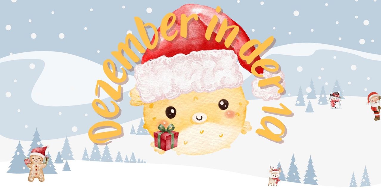 Ein niedliches gelbes Wesen mit einem Weihnachtsmannhut hält ein Geschenk in seinen Pfoten, umgeben von einer Winterlandschaft. Die Worte 'Dezember in Freude' sind prominent angezeigt.