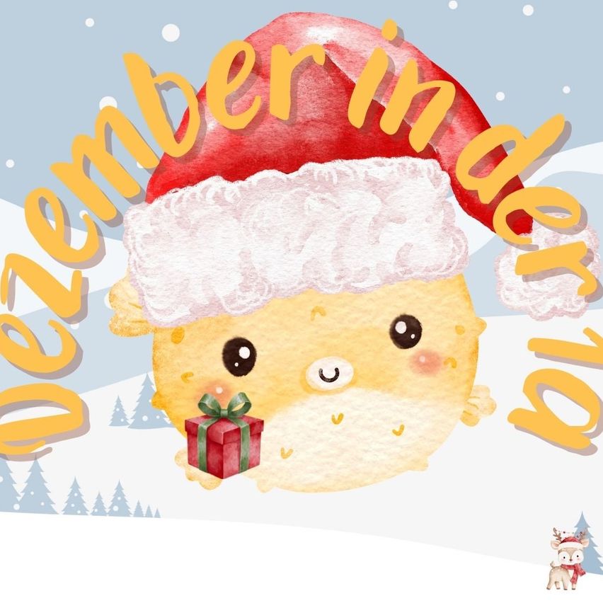 Ein niedliches gelbes Wesen mit einem Weihnachtsmannhut hält ein Geschenk in seinen Pfoten, umgeben von einer Winterlandschaft. Die Worte 'Dezember in Freude' sind prominent angezeigt.