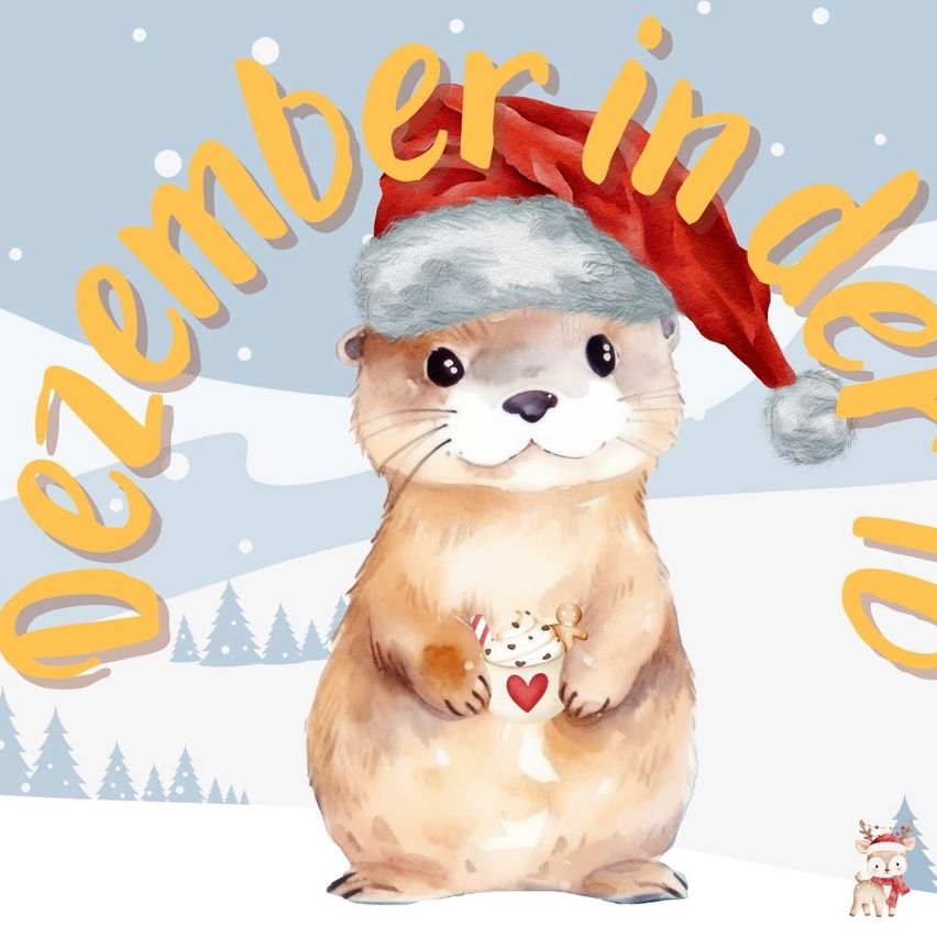 Eine festliche Illustration eines Bibers, der einen Weihnachtshut trägt und eine Tasse mit einem Herz und einem Lebkuchenplätzchen hält. Die Szene spielt in einer verschneiten Winterlandschaft.