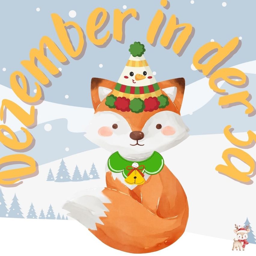 Eine festliche Illustration mit einem Fuchs, der eine Partymütze, ein grünes Halsband und eine Jingle-Glocke trägt. Der Hintergrund ist verschneit mit Bäumen und einem blauen Himmel.