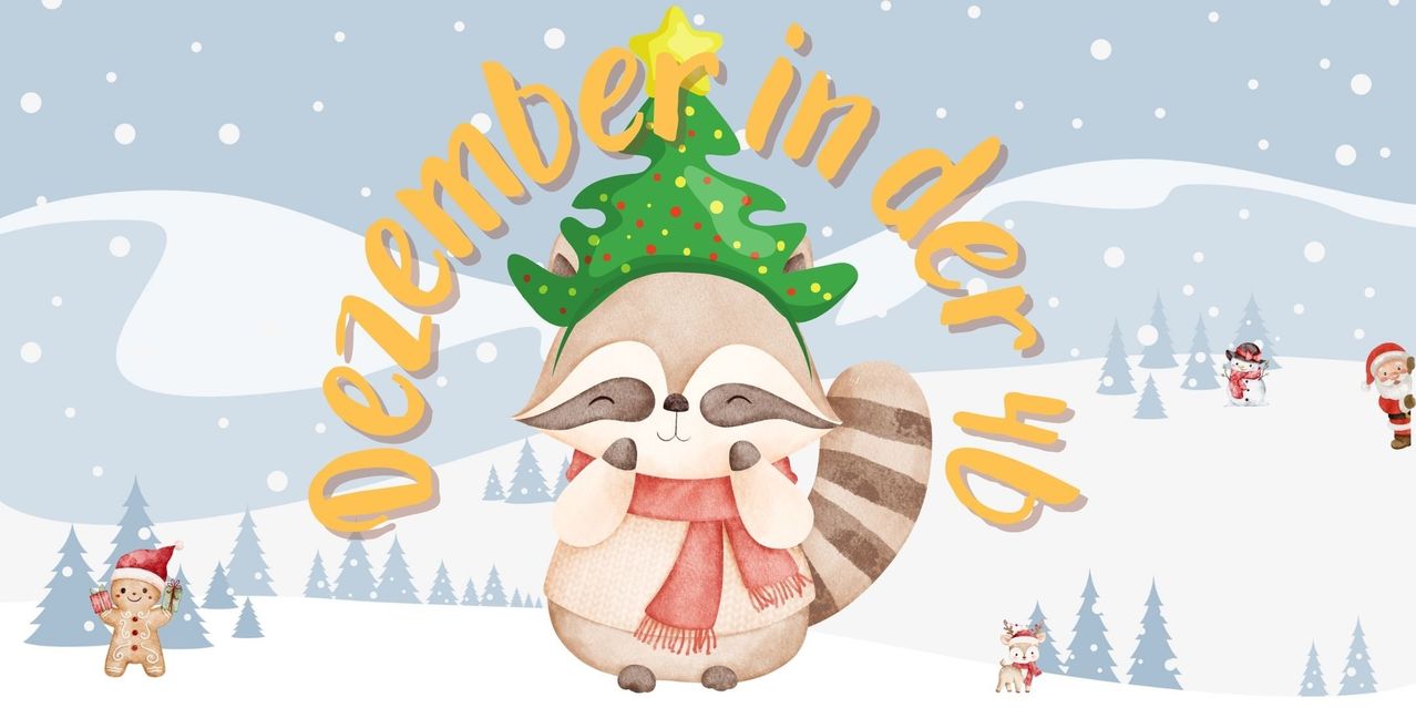 Illustration eines Waschbären mit Weihnachtsbaum-Kopfband und rotem Schal, mit verschneiten Hintergrund und '1. Dezember' Text.