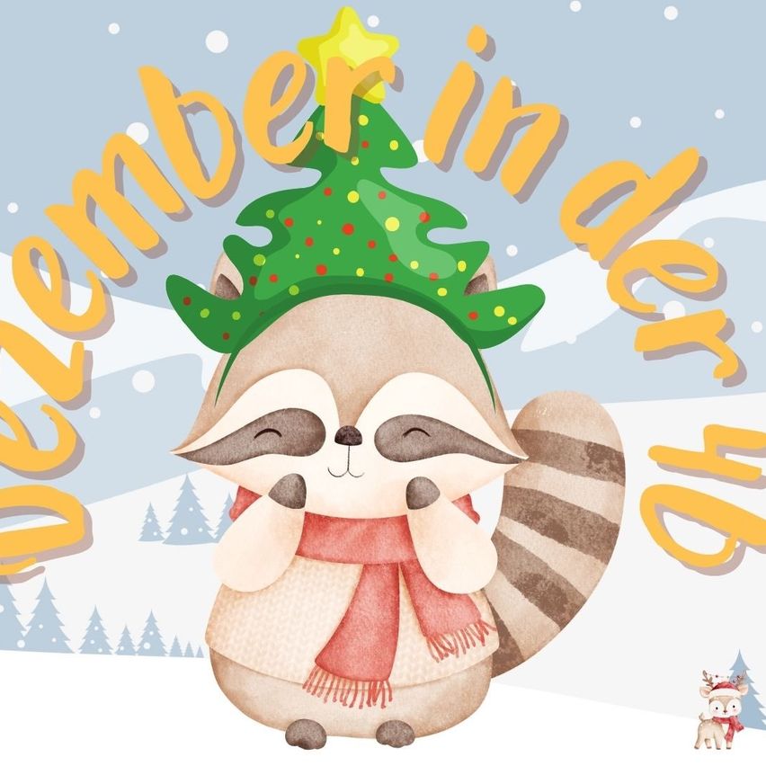 Illustration eines Waschbären mit Weihnachtsbaum-Kopfband und rotem Schal, mit verschneiten Hintergrund und '1. Dezember' Text.
