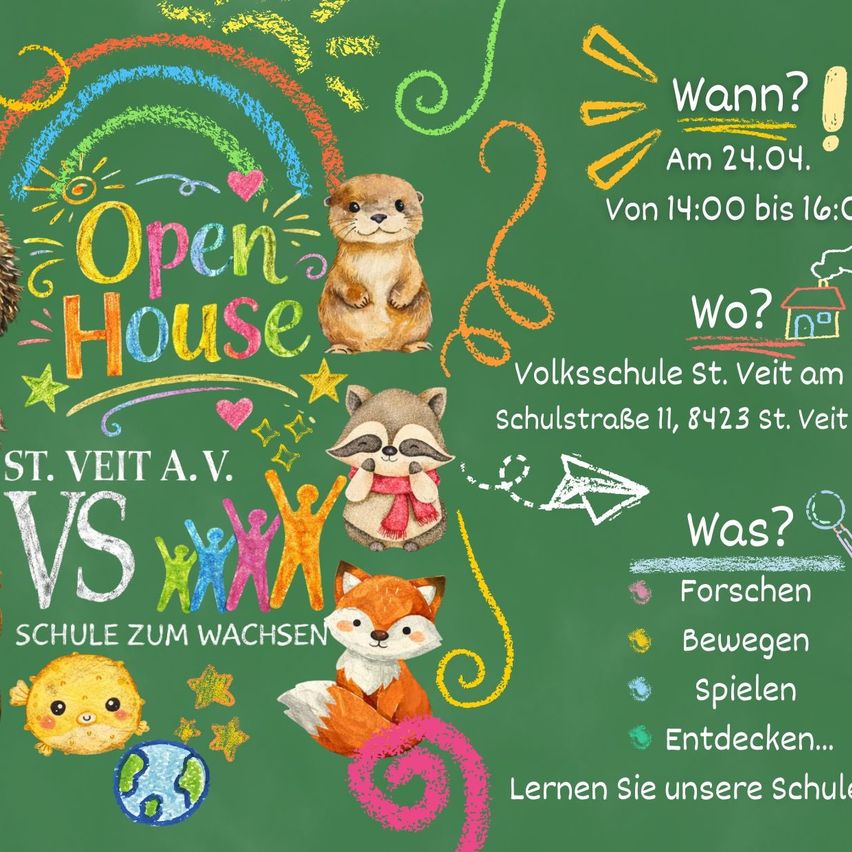 Ein lebendiger Plakat lädt zu einem Tag der offenen Tür an der St. Veit A.V. Schule ein. Es zeigt spielerische Illustrationen von Tieren und bunten Text. Die Veranstaltung findet am 24. April von 14-16 Uhr in der Schulstraße 11 statt. Aktivitäten umfassen Forschung, Bewegung, Spielen und Entdecken.