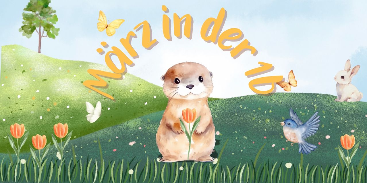 Eine Illustration eines Murmeltierchens, das eine Tulpe hält, umgeben von Schmetterlingen und Blumen. Der Titel lautet 'Worzin der ub' in Gelb.