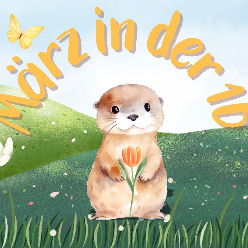 Eine Illustration eines Murmeltierchens, das eine Tulpe hält, umgeben von Schmetterlingen und Blumen. Der Titel lautet 'Worzin der ub' in Gelb.