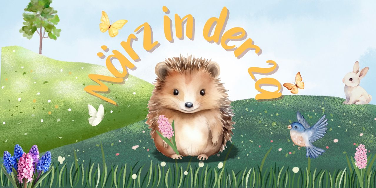 Ein süßes Igelchen hält eine rosa Blume in einem Feld mit Schmetterlingen und grünem Gras.