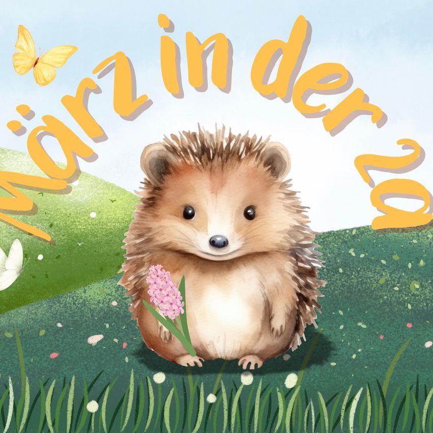 Ein süßes Igelchen hält eine rosa Blume in einem Feld mit Schmetterlingen und grünem Gras.