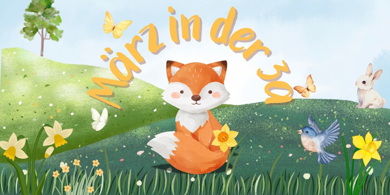 Ein niedliches Fuchs mit einer gelben Blume sitzt auf grünem Gras mit Schmetterlingen in der Luft. Die Worte 'März in der' erscheinen im Hintergrund.