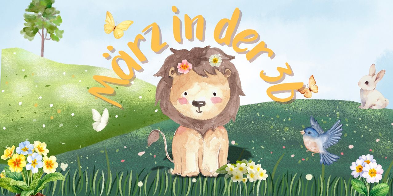 Illustration eines Löwenbabys mit Blumen auf dem Kopf, das in einer Wiese mit Schmetterlingen sitzt.