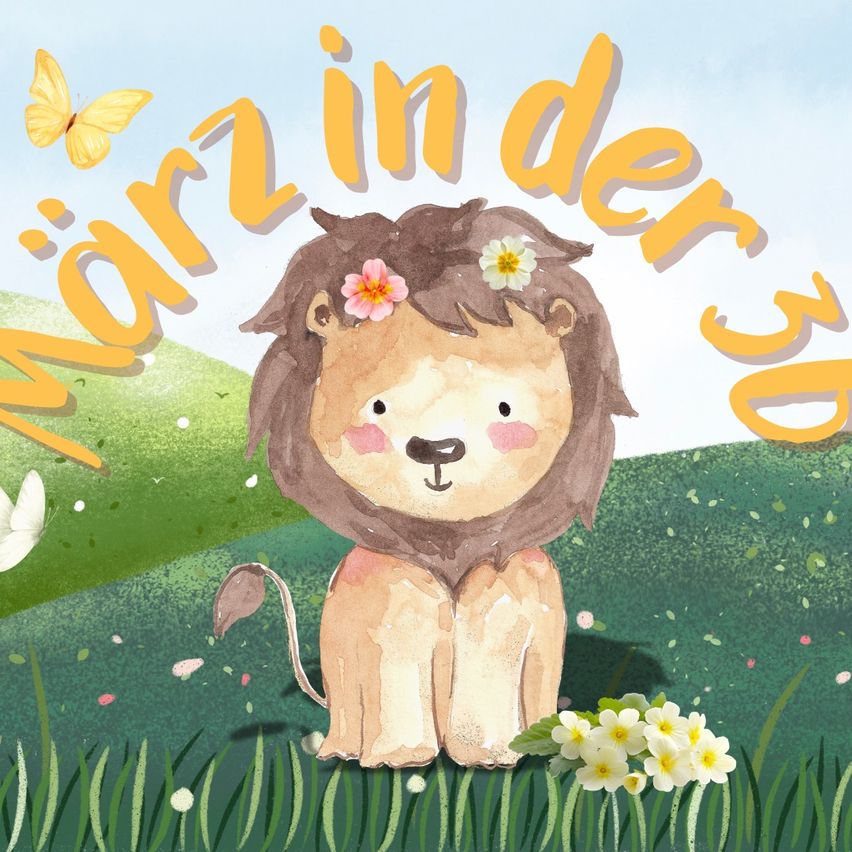Illustration eines Löwenbabys mit Blumen auf dem Kopf, das in einer Wiese mit Schmetterlingen sitzt.