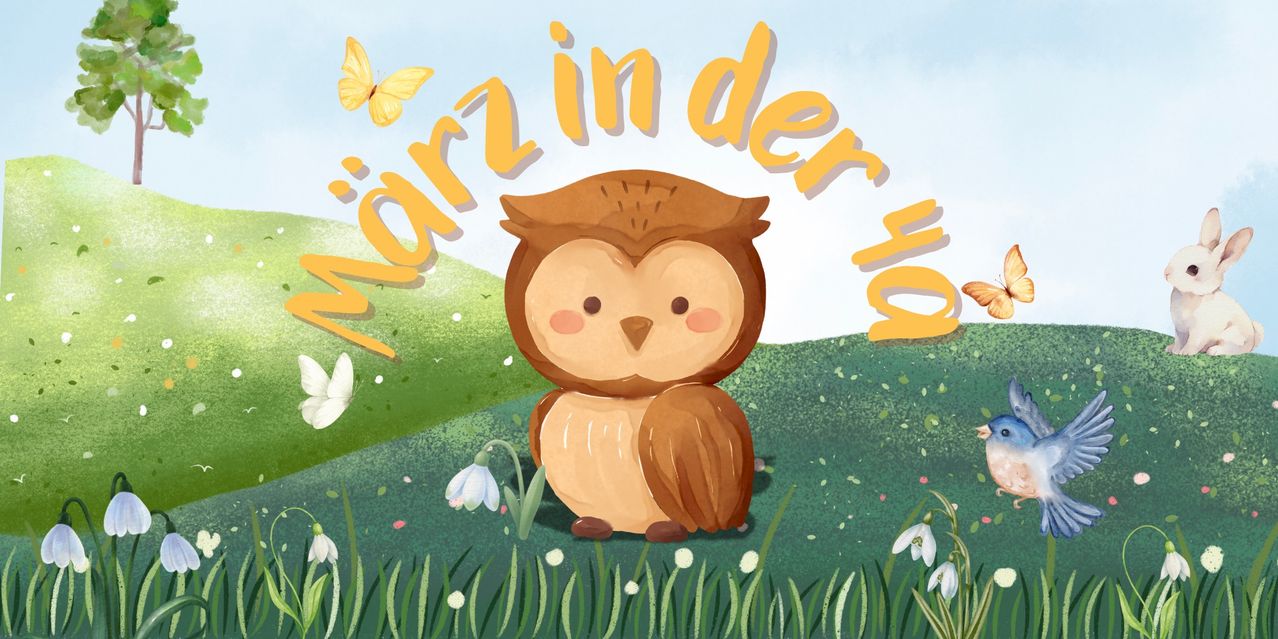 Ein süßer brauner Uhu sitzt auf dem Gras mit weißen Blumen und Schmetterlinge fliegen über dem Text 'Warzin in der Ha'.