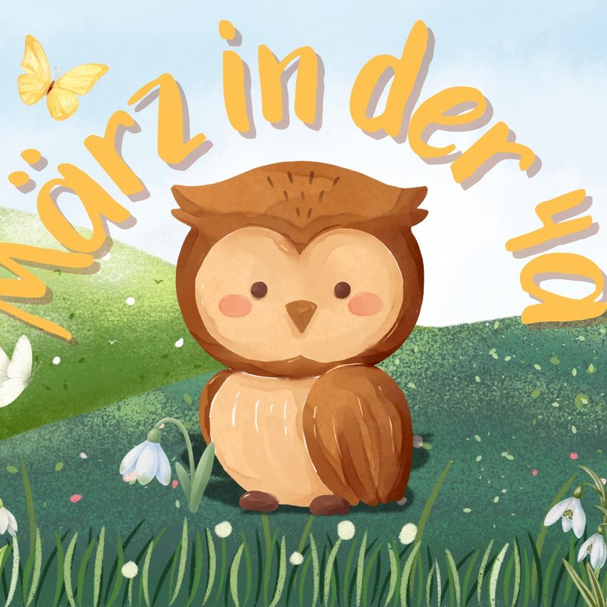 Ein süßer brauner Uhu sitzt auf dem Gras mit weißen Blumen und Schmetterlinge fliegen über dem Text 'Warzin in der Ha'.