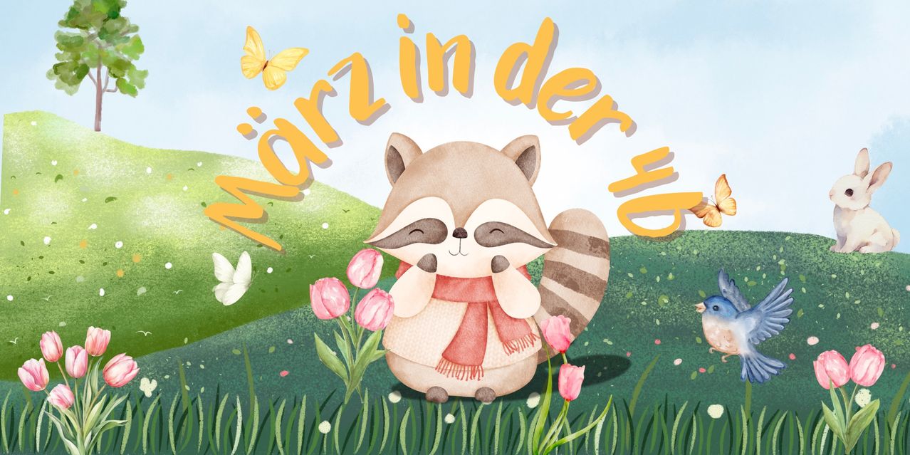 Eine Illustration eines Waschbären mit rotem Schal, umgeben von Blumen und Schmetterlingen. Der Text lautet 'Marz in der up'.