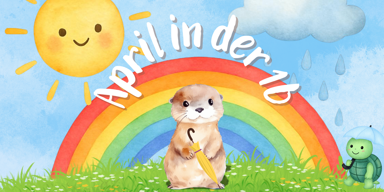 Ein Murmeltier mit einem Regenschirm steht unter einem Regenbogen mit den Worten April in der Zoo.
