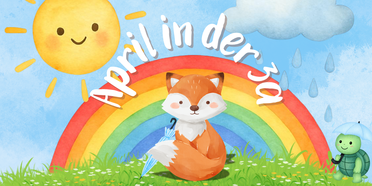 Ein Fuchs mit einem Regenschirm unter einem Regenbogen mit den Worten 'April in der Zoo' darüber.